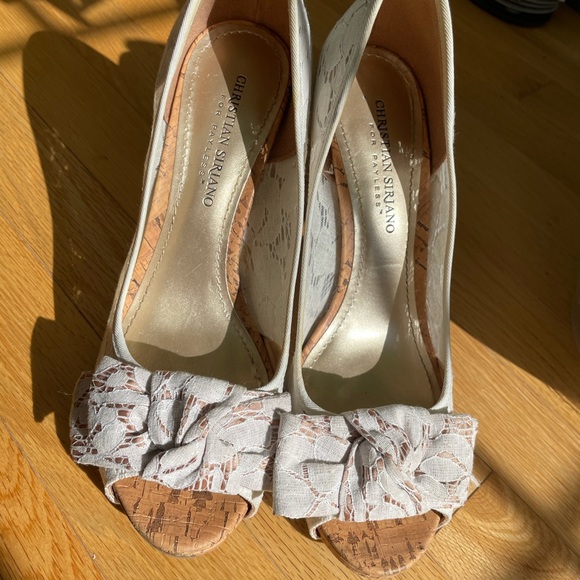 White lace open toe cork heels shoes 8.5 - Picture 8 of 13